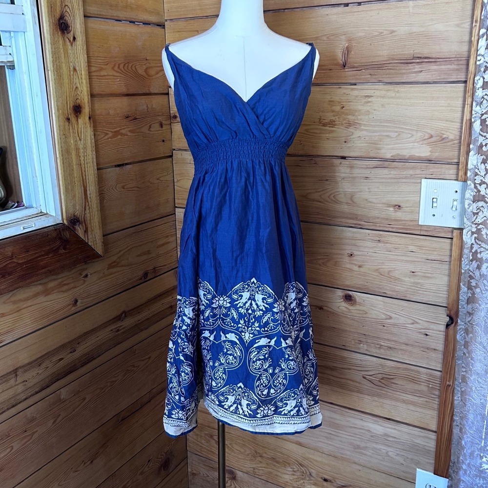 Vintage Cotton Sundress WomensMedium Blue Boho Damask Natural Reflections Garden